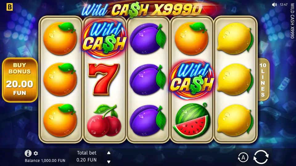 Wild Cash x9990 med fem hjul: appelsiner, blommer, citroner, en rød syver og to Wild Cash-symboler