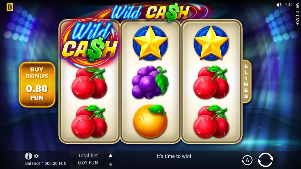 Wild Cash med tre hjul: kirsebær, stjerner, vindruer og et Wild Cash-symbol
